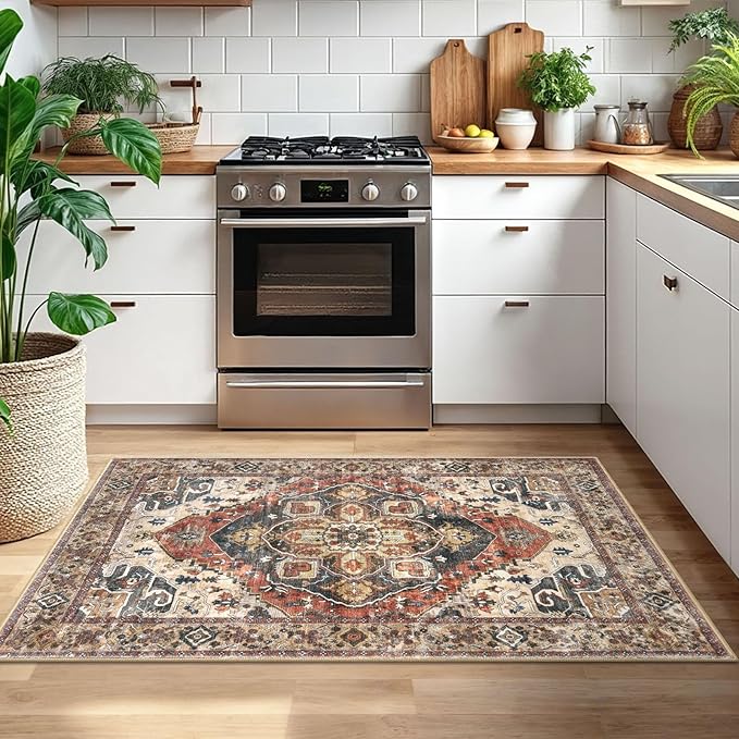 3x5 Washable Area Rug for Entryway, Terracotta Soft Boho Rug with Non-Slip, Low-Pile Vintage Floor Area Rugs for Living Room Bedroom Dining, Dorm Carpet with Non-Shedding