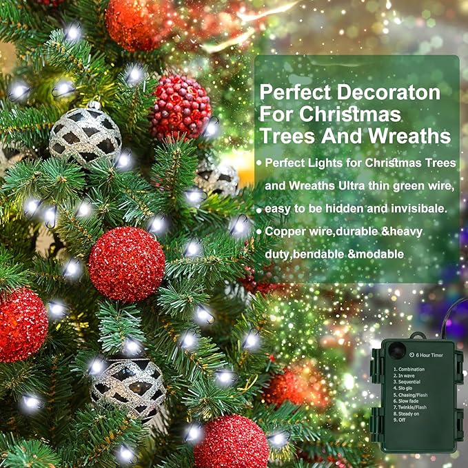 2 Pack Battery Operated Christmas Lights, 10FT 100 Micro LEDs Fairy Lights with 8 Modes and Timer, Green Copper Wire for Indoor Outdoor Christmas Tree Wreath Garland Garden Party, Cool White