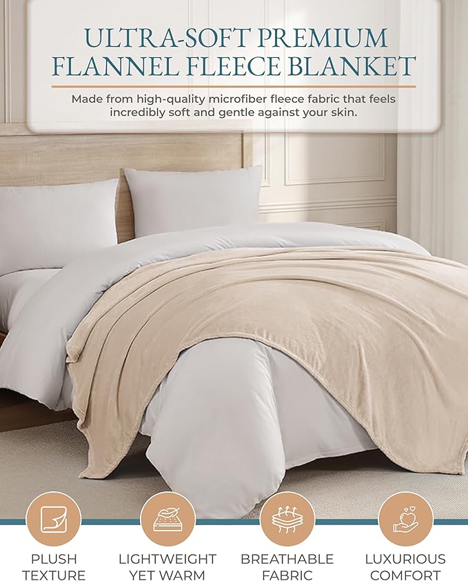 Casa Platino Twin Blanket – Flannel Fleece Beige Throw 60x80 – Lightweight & Cozy Blanket for Bed or Sofa – Elegant Neutral Blanket for All Seasons