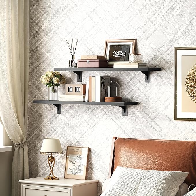 HOOBRO Floating Shelves for Wall, 23.6" Wall Mounted Shelves Set of 2, Hanging Storage Shelf with Metal Brackets, Wooden Shelf for Living Room, Bedroom, Bathroom, Black BK62BJP201G1