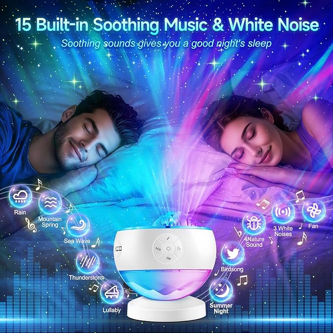 One Fire Northern Lights Projector,16Color Galaxy Projector for Bedroom, 15 White Noise Galaxy Light Projector, 5Moon Star Projector, Bluetooth Aurora Light Projector, Remote Timer Star Lights