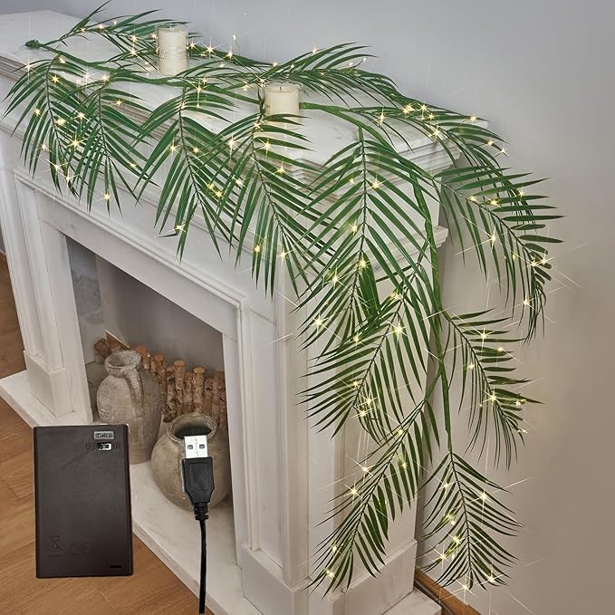 LITBLOOM Lighted Palm Garland with Timer 6FT 120 LED Fairy Lights, Greenery Garland Battery Operated or USB Plug in for Summer Christmas Fireplace Mantle Decoration Inside