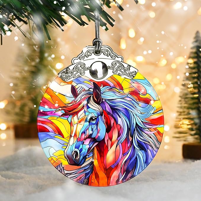 Stained Glass Christmas Ornaments, Jocidea Horse Ornaments for Christmas Tree, Christmas Tree Decor, Horse Lovers Gifts, Holiday Decor and Xmas Gifts Ideas