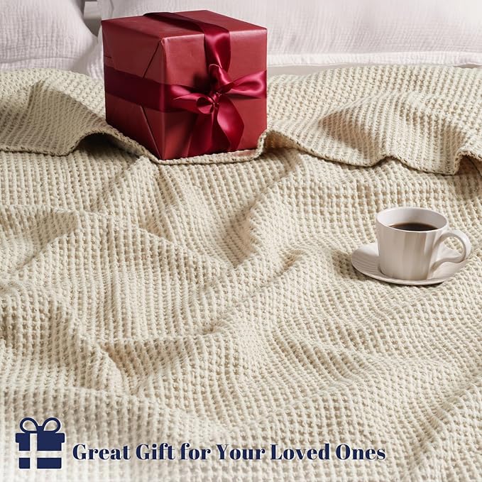 PHF 100% Cotton Waffle Weave Blanket Queen Size for Bed, Snag Proof Lightweight Breathable Moisture-wicking Throw for Couch, Great for Layering in Cold, Machine Washable, Home Decor Gift - Linen/Stone