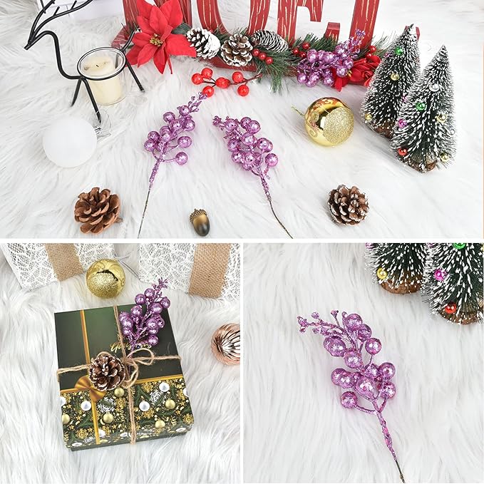 DearHouse 14 Pack Christmas Glitter Berries Stems, 7.8Inch Artificial Christmas Picks for Christmas Tree Ornaments, DIY Xmas Wreath, Crafts, Holiday and Home Decor (Light Purple)
