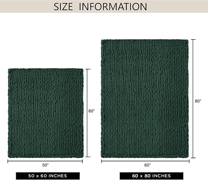Chunky Knit Throw Blanket 60"X 80", 100% Handmade with Soft Chenille Yarn, 4.4lbs Thick Cable Knitted Blankets, Large Rope Knot Crochet Throws for Couch Sofa Bed Home Decor, Dark Green
