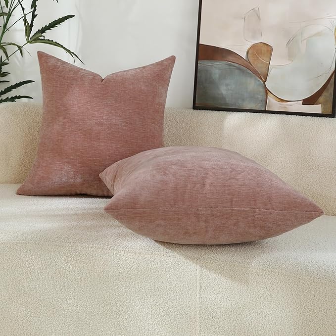 Blush Pink Chenille Decorative Couch Throw Pillow Covers, Soft Cushion Cases for Home Livingroom Sofa Décor, Pack of 2, 20 x 20 Inches