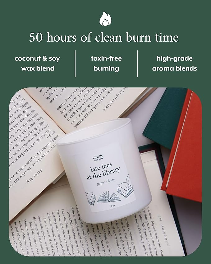 Literie NYC Inspired Scented Candle: Late Fees at The Library - Paper & Linen Scent, 9oz, 50 Hour Burn, Vegan Soy & Coconut Blend Candle for Home Decor, Gift for Women & Men