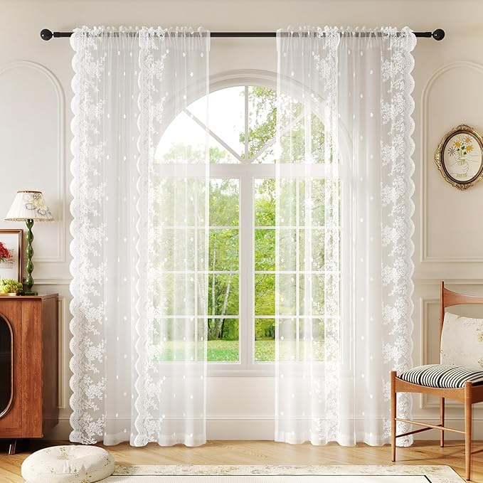 White Semi-Sheer Curtains 2 Panels – Vintage Floral Lace for Bedroom/Kitchen, Airy Rustic Privacy Light Filtering Rod Pocket Window Drapes, Elegant Chic Victorian Pattern Design, 52W x 45L Inch