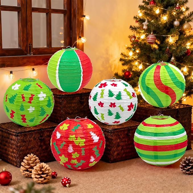 Christmas Paper Lanterns, 12 PCS Christmas Hanging Paper Lanterns Indoor Outdoor, Red Green and White Xmas Tree Candy Bell Lantern for Christmas Party Decorations Home Holiday Decor