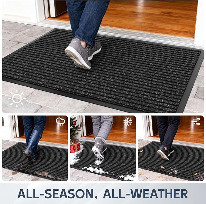 Front Door Mat, 60" x 48" Heavy Duty Indoor Outdoor Doormat, Non-Slip Welcome Mats for Entryway, Rubber Backing Low Profile Commercial Door Mats, Black Stripe