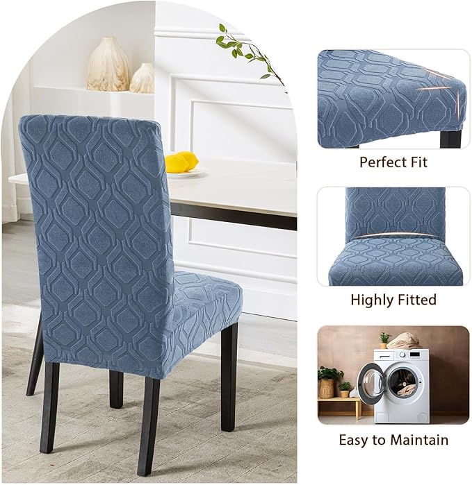 SearchI Dining Room Chair Covers Set of 6, Stretch Jacquard Parsons Chair Slipcovers Spandex Removable Washable Kitchen Chair Protector Cover for Dining Room, Hotel, Ceremony (Gray-Blue Geometric)