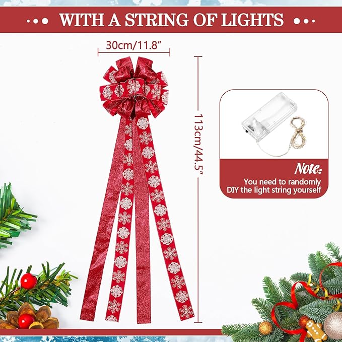 Zeyune Christmas Tree Topper 12 x 45 Inches Large Christmas Bows LED Lights Glitter Satin Mesh Streamer Snowflake Ribbon Decorative Bows for Xmas Tree Decorations Gifts(Red)