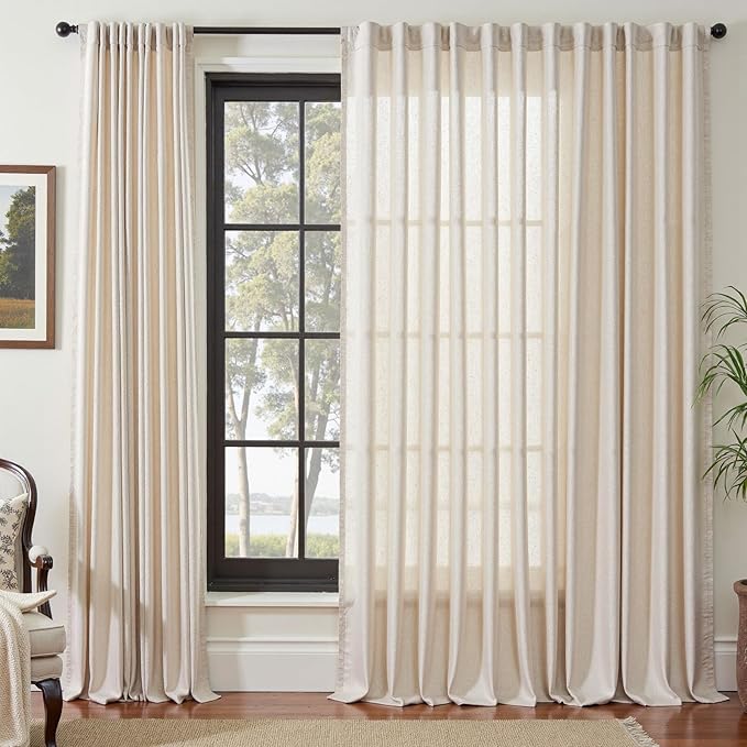 jinchan Extra Long Linen Blend Curtain 108 Inches Long 1 Panel for Sliding Door, Light Filtering 100 Inches Extra Wide Patio Door Natural Drape with Rod Pocket Back Tab (100W x 108L, Ecru)