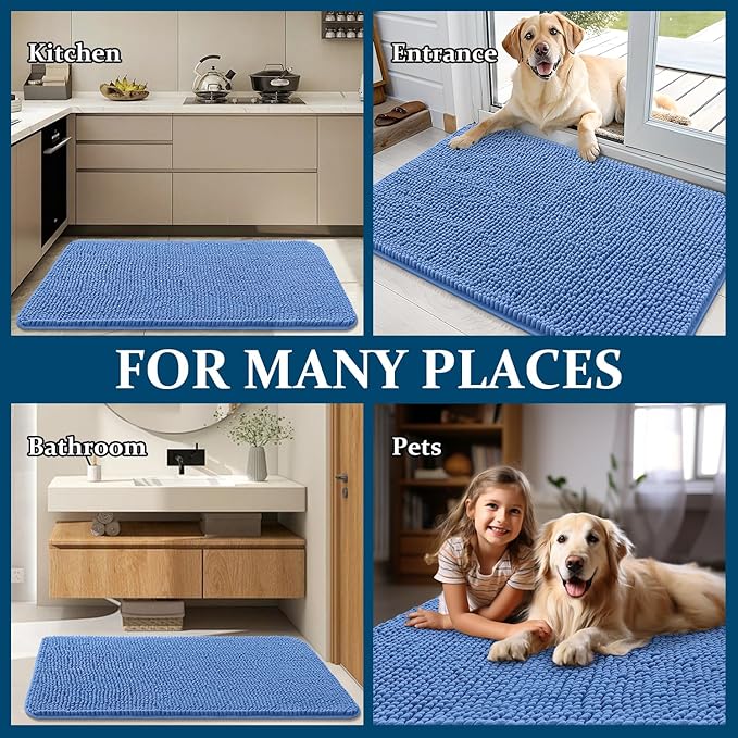 OLANLY Dog Door Mat for Muddy Paws 47x17, Absorbs Moisture and Dirt, Absorbent Non-Slip Washable Doormat, Quick Dry Chenille Mud Mat, Entry Indoor Entryway Carpet for Inside Floor, Cornflower Blue