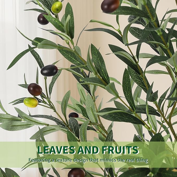 6 Ft Artificial Olive Trees, Fake Potted Silk Plant Faux Olive Tree with Trunk and Fruits, Indoor Outdoor Artificial Tree Large Olive Plants for Living Room Home House Office Decor