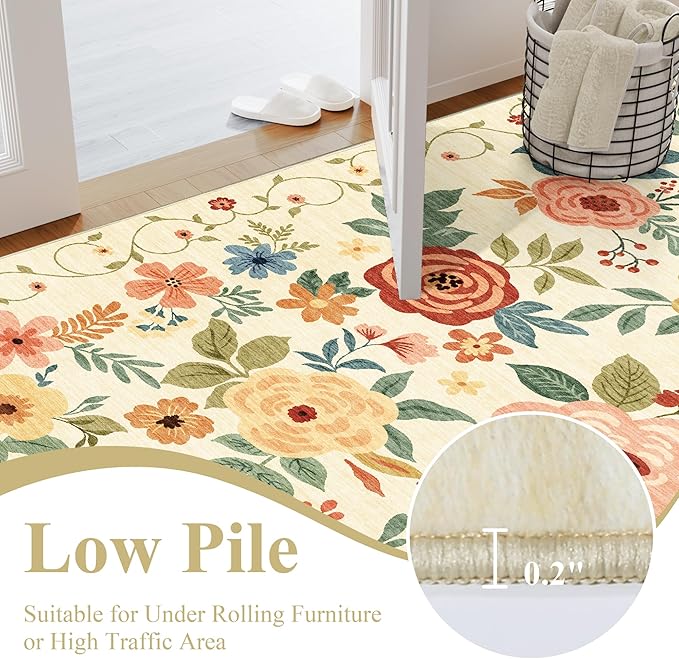 DUKINO 8x10 Area Rug, Floral Rugs for Living Room, Lightweight Non Slip Washable Rug, Indoor Low Pile & Non-Shedding Boho Design Rugs for Bedroom, Living Room, Dining Room, Beige Yellow