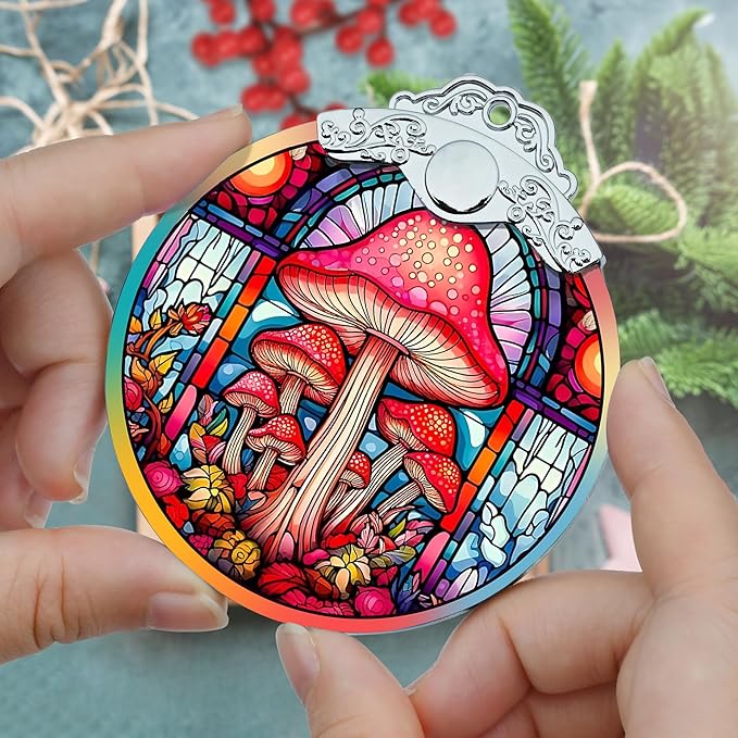 Stained Glass Christmas Ornament, Jocidea Mushroom Christmas Decorations, Christmas Tree Ornament, Mushroom Lovers Gifts, Holiday Decor and Xmas Gifts Ideas