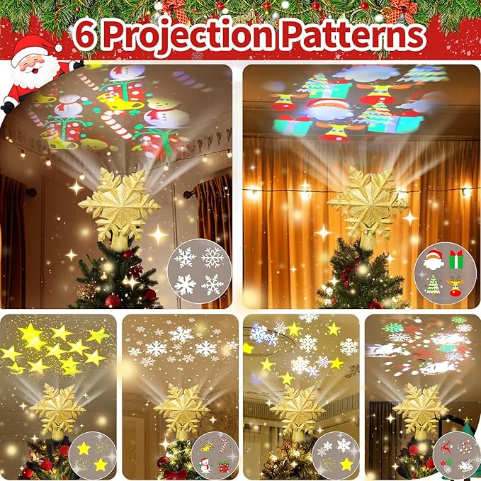 [6 Patterns] 9.05 inch Christmas Tree Topper Projector Snowflake with 6 Patterns Gold Snowflake Projector Tree Topper Plug in for Indoor Office Xmas New Year Holiday (Gold,3m Cable)