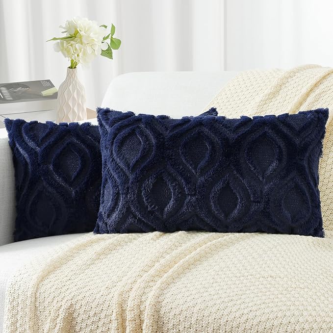 decorUhome Throw Pillow Covers 12x20 Inch Set of 2, Soft Plush Faux Wool Navy Blue Solid Couch Pillow Covers, Accent Farmhouse Neutral Lumbar Pillow Cases for Sofa Bed Living Room