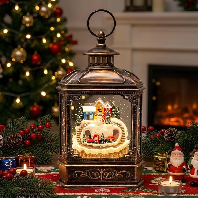 Christmas Snow Globe Lantern Water Glittering Snowman & Train with Music, USB Lined/Battery Operated Lighted Lantern for Christmas Festival Decoration Gifts