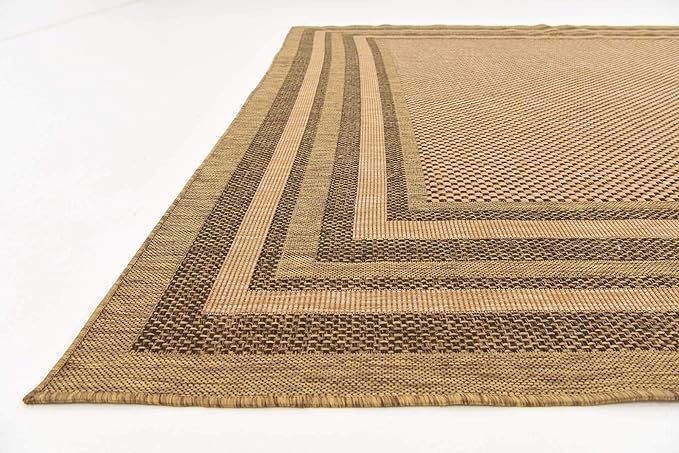 Unique Loom Outdoor Border Collection Area Rug - Multi Border (9' x 12' Rectangle, Light Brown/ Brown)