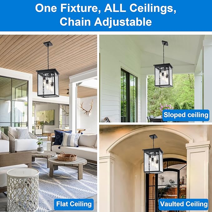 16.7'' Outdoor Pendant Lights for Porch, 4-Lights Black Exterior Pendant Light with Hammer Glass, Outdoor Porch Light Ceiling Mount Outdoor Hanging Light Fixture for Gazebo, Patio, Entryway