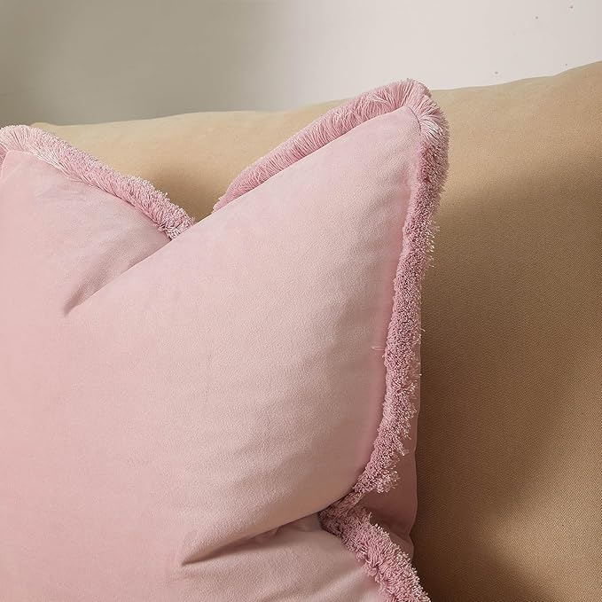 JUSPURBET Pink Lumbar Velvet Throw Pillow Covers 12x20 Inch Set of 2 with Soft Tassel Fringe Luxury Boho Pillowcase for Sofa Couch Bed Home Decor Machine Washable