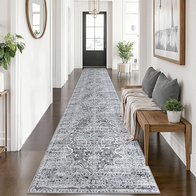 KUTA Vintage Floral Washable Runner Rug 2.6x14, Non-Slip Hallway Kitchen Rugs Grey Blue White with Rubber Backing, Ultra Soft Printed Classic Vintage Floral Extra Long 14ft Carpet Runners