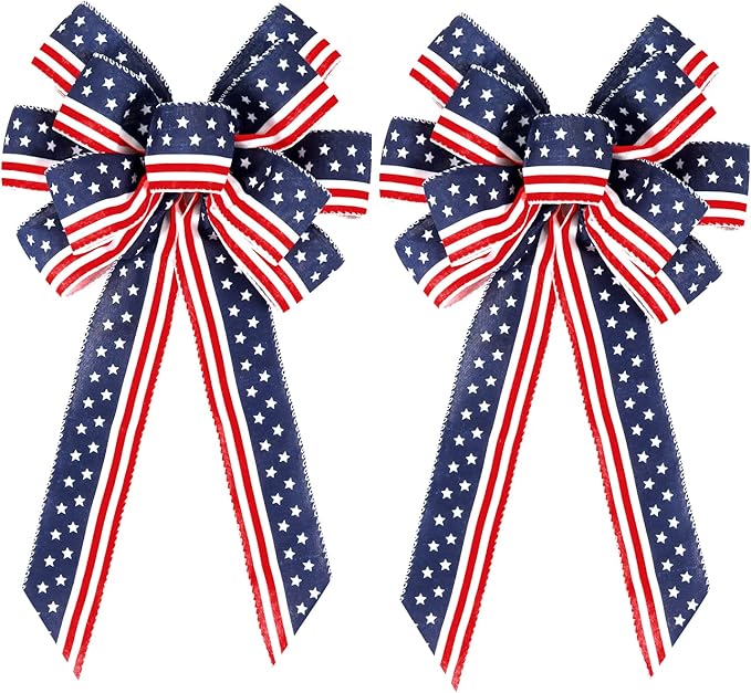 2 Pack 4th of July Decor Bow for Wreath,Red White Blue Stripe Stars Tree Topper Bows for Patriotic,Independence Day,Memorial Day,Veteran's Day,Front Door Indoor Outdoor Decorations