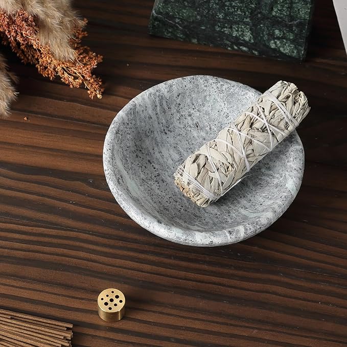 Koville Natural Marble Incense Holder, Incense Holder for Sticks with 9 Holes, Handmade Incense Burner Ash Catcher for Meditation Yoga SPA, Balsam Fir/Palo Santo/Sage/Cone (Grey)