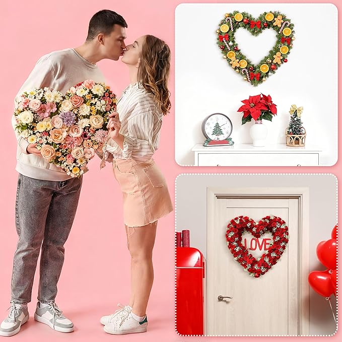 Aodaer 4 Pack 18 Inch Heart Wire Wreaths Frame Heart Metal Wreath Garland Green Wire Flower Wreath for Valentine's Day, Wedding Party, Home Ceremony Decoration