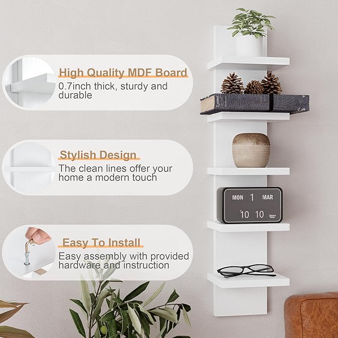 5 Tier Wall Shelf Unit, Decorative Wall Mount Vertical Shelving, Floating Storage Home Decor Organizer Tall Tower Design Utility Shelving Bedroom Living Room, Modern White 2Pack