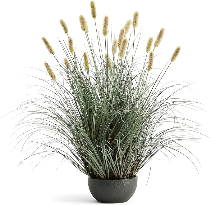 3ft Onion Grass, Extra Lush Artificial Plant and Greenery, Fake Floor Plants Indoor Outdoor, Potted Faux Green Bristlegrass with Yellow Spikes, Horsetail Reed Grass, House Decorative