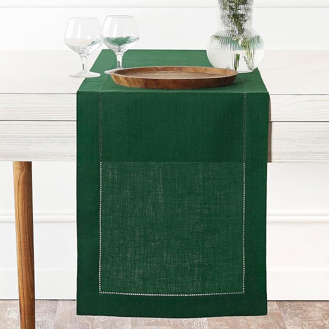 D'Moksha Homes Linen Forest Green Table Runner 120 Inches Long - 100% Pure Linen Hemstitch 14 x 120 Inch Table Runner for Dining, St Patricks Day, Easter - Classic Hemstitch