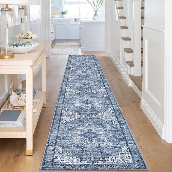2.6x16 Washable Rug for Entrance, Blue Soft Printed Area Rug, Non-Slip Kitchen Rugs, Low-Pile Medallion Indoor Door Mat, Small Farmhouse Carpet for Entryway Kitchen Foyer Bedside