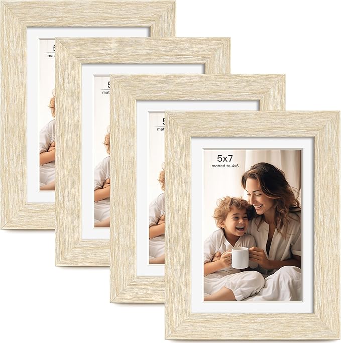 5x7 Picture Frame with Mat for 4x6, Natural Wood Grain 5 x 7 Picture Frames Display on Tabletop or Wall Mounting (4 Pack,Natural)