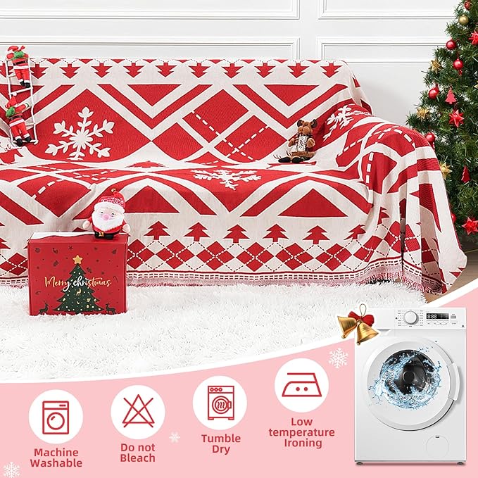 Christmas Couch Cover with Gift Box, Sofa Cover Christmas Tree and Snowflake Design, Sofa Cover for 2 Cushion Couch, Holiday Couch Cover Blanket, Xmas Home Room Festival Decoration, Xmas Gifts
