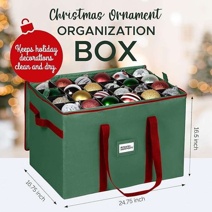 Christmas Ornament Storage Container,Box Stores Up to 96-4 inch ornaments, Adjustable Dividers, Large Organizer Bin to Protect and Store Holiday Décor - Green