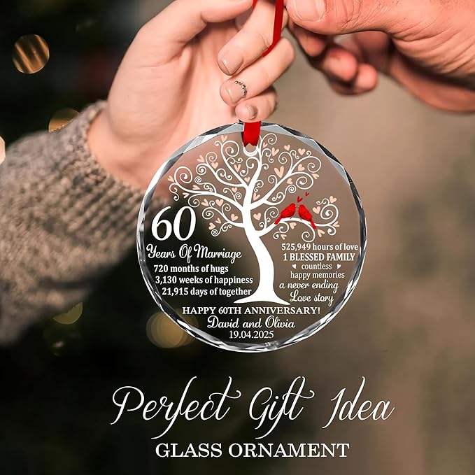 Personalized Anniversary Christmas Ornament – Custom 60 Years Married Glass Keepsake for Couple, Husband and Wife, Parents – Wedding Tree Decoration with Red Cardinals Gift Idea