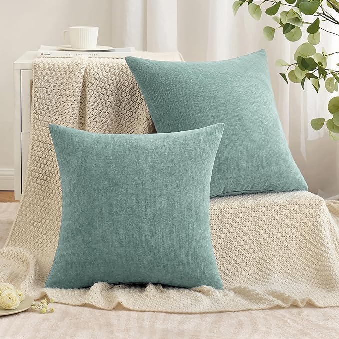 MIULEE Aqua Green Couch Pillow Covers 18x18 Inch, Set of 2 Soft Chenille Decorative Square Throw Pillow Covers Farmhouse for Sofa Living Room Bed