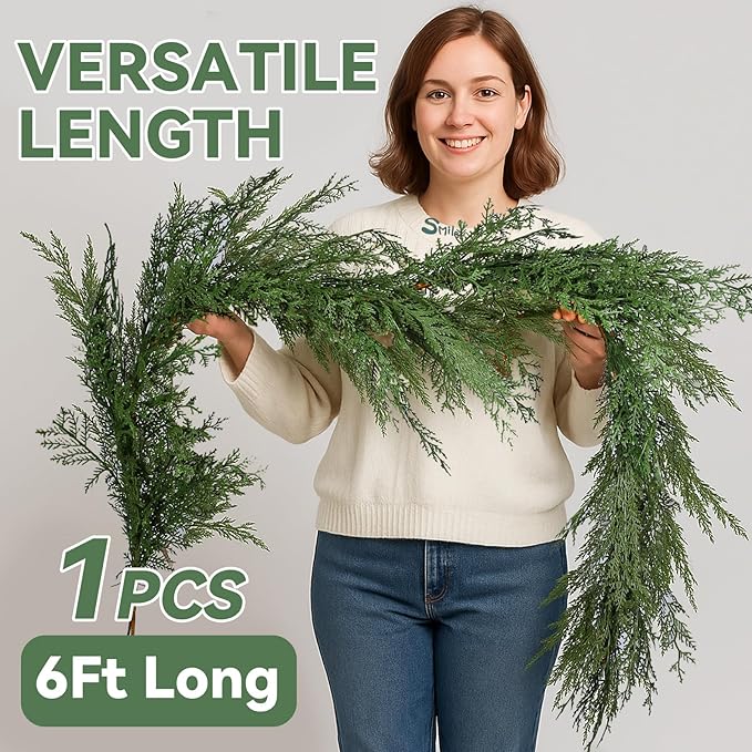 Artificial Cedar Christmas Garland Real Touch Realistic Soft and Thickness Garland Faux Full Greenery Holiday Garland for Mantel Fireplace Front Door Indoor Outdoor Xmas Decor (6FT-Deluxe Cedar)