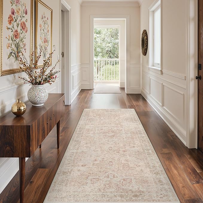 GENIMO 2'6''x6 Runner Rugs for Hallway, Machine Washable Non Slip Vintage Rugs, Low Pile Lightweight Soft Print Rug for enrtyway, Corridor, Home Office, Kitchen, Light Pink
