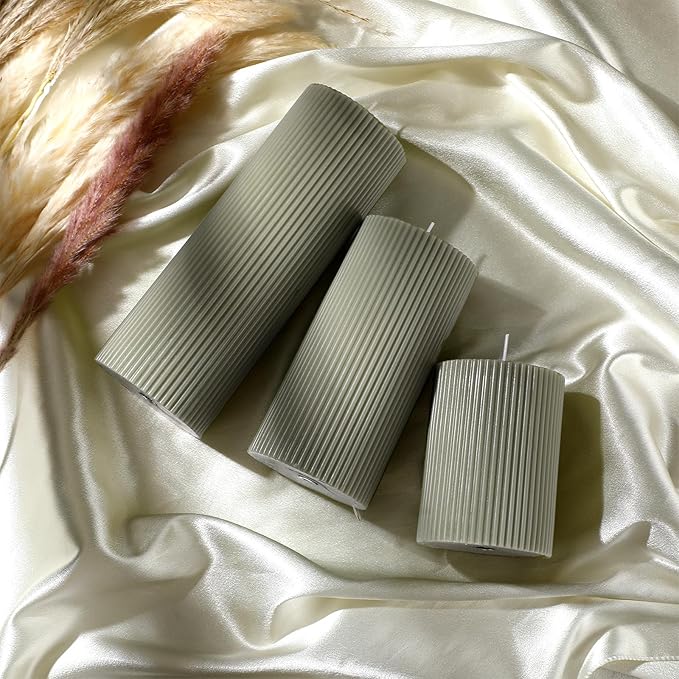 Ribbed Pillar Candles Set of 3, Width 3" High 4" 6" 8" Large Soy Wax Orchids Scented Pillar Candles Aesthetic Ribbed Modern Home Decor for Bathroom Living Room(Bean Green)