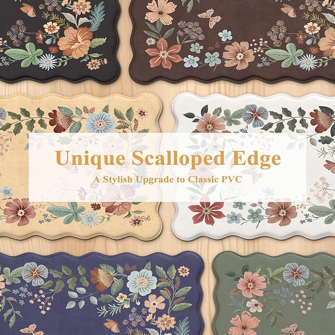 Collive Kitchen Floor Mat Cushioned Anti Fatigue, Scalloped Waterproof Kitchen Sink Rugs Non Skid Sets of 2, Memory Foam Comfort Standing Mats Boho Floral Desk Carpet for Laundry, Office, Home Decor