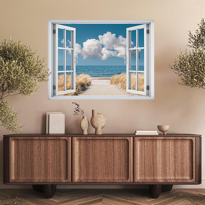 SIGNWIN Removable Wall Sticker/Wall Mural Window Sandy Trail Leading to Blue Ocean and Clouds Photography Realism Decorative Landscape Digital Art for Living Room, Bedroom, Office - 24"x32"