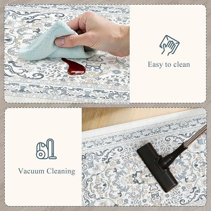 KIMODE Anti Fatigue Mats for Kitchen Floor,Boho Vintage Floral Rugs Sets of 2,Cushioned Carpet Non Slip for Laundry,Wide Memory Foam Runner for Sink Office,Light Blue 20"x47"+20"x32"