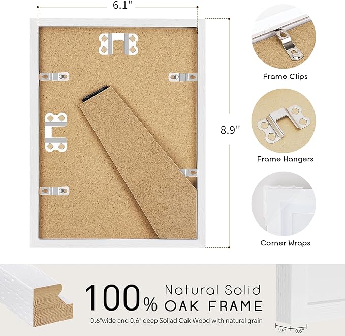 6x8 Oak Wood Picture Frame - Minimalist 6x8 Picture Frame, 6"x8" Frame Wood, Natural Solid Wooden Picture Frames for Wall Art Photo and Prints(3 Pack, White)