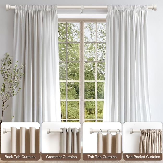 Modern White Curtain Rods for Windows 48 to 84 Inches Adjustable Length Heavy Duty 1" Diameter Window Curtain Rod with Decorative Finials for Outdoor Farmhouse Bedroom Kitchen Living Room
