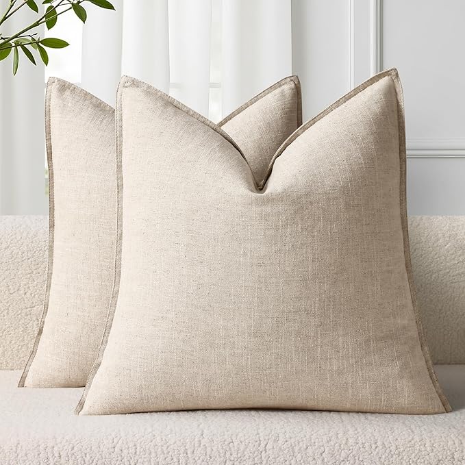 decorUhome Christmas Decorative Linen Throw Pillow Covers 26x26 Inch Set of 2 Natural Beige Soft Pillow Covers with Flange Edges Soft Farmhouse Boho Accent Pillow Cases for Couch Sofa Bed Living Room